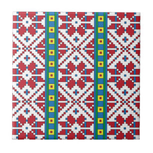 Padrão geométrico tribal vermelho, azul e estrel