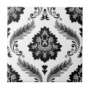 Padrão Grande Damasco Rococó Cinza Preto Branco