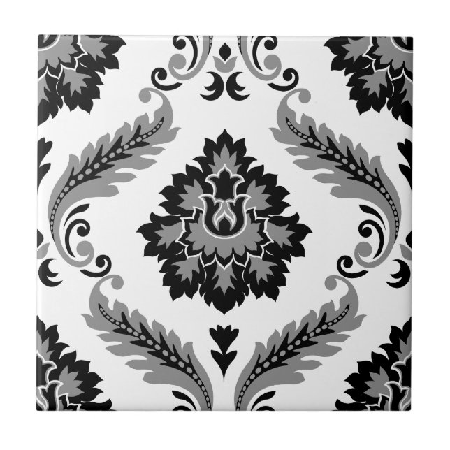 Padrão Grande Damasco Rococó Cinza Preto Branco (Frente)
