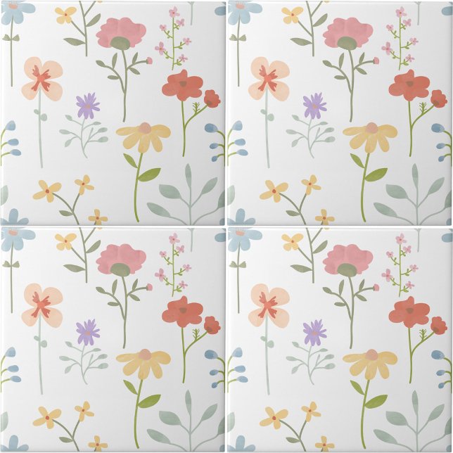 Padrão Invisível de Cores Aquáticas Selvagens Flor (Colorful Watercolor Wild Floral Pattern Ceramic Tile)