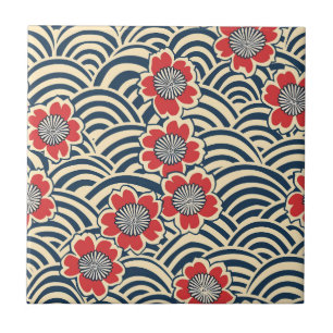 Padrão Japonês Creme Onda Marinha Sakura Vermelha