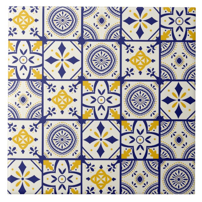 Padrão marroquino em azul, amarelo, creme (Frente)