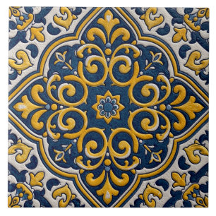 Padrão Marroquino Floral Arabesco Azul Amarelo