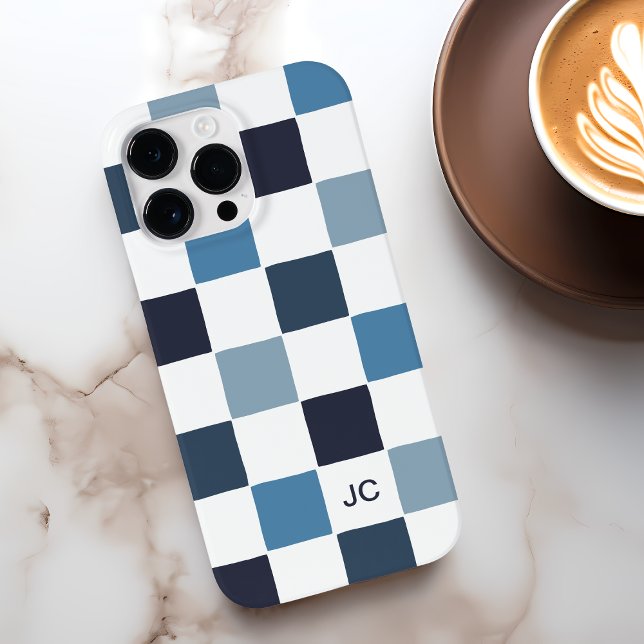 Padrão Minimalista Azul Moderno e Azul verificado  (Monogram Checkered Blue Modern Minimalist Pattern Case-Mate iPhone Case)