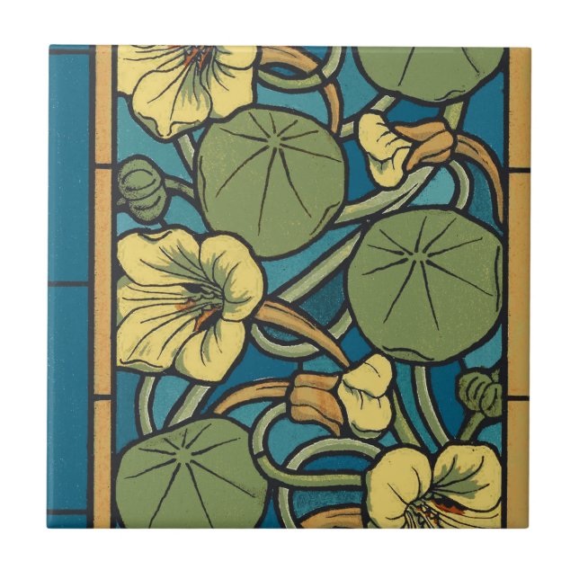 Padrão Nouveau da Flor Nasturtium Amarelo Azul (Frente)