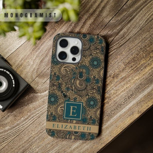 Padrão Paisley Azul Teal Dourado Preto Personalizá