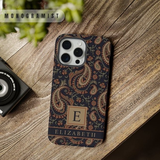 Padrão Personalizável de Paisley Azul Escuro (Customizable Dark Blue Beige Paisley Pattern iPhone Case)