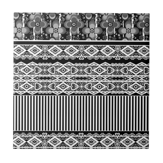 Padrão preto e branco com rendas e retalhos (Frente)