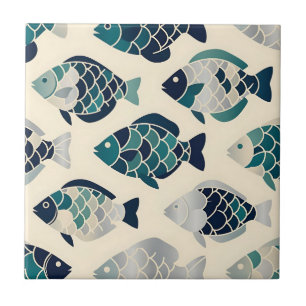 Padrão repetitivo de peixes estilizados em azul-ma