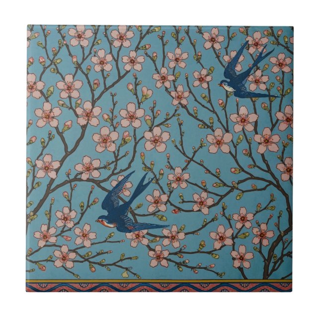 Padrão Retrô de Andorinha Floral Azul por Walter C (Frente)