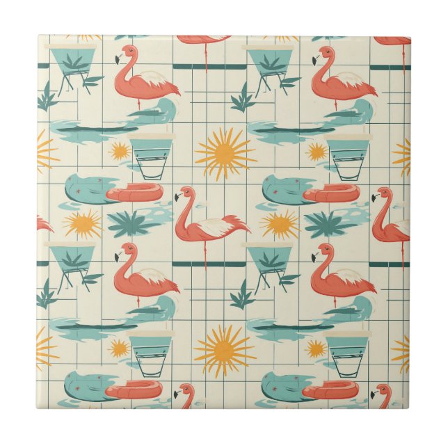 Padrão Retro de Flamingo à Beira da Piscina de Ver (Frente)