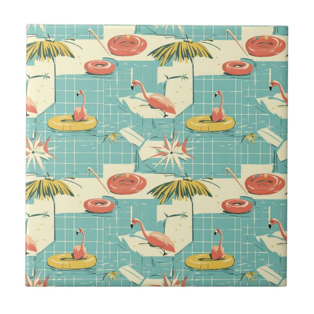 Padrão Retro de Flamingo à Beira da Piscina de Ver (Frente)