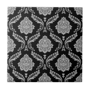 Padrão Rococó Damask Cinza no Preto