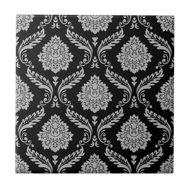 Padrão Rococó Damask Cinza no Preto (Frente)
