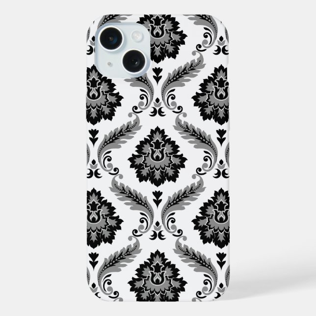 Padrão Rococó Damask Cinza Preto Branco (Verso)