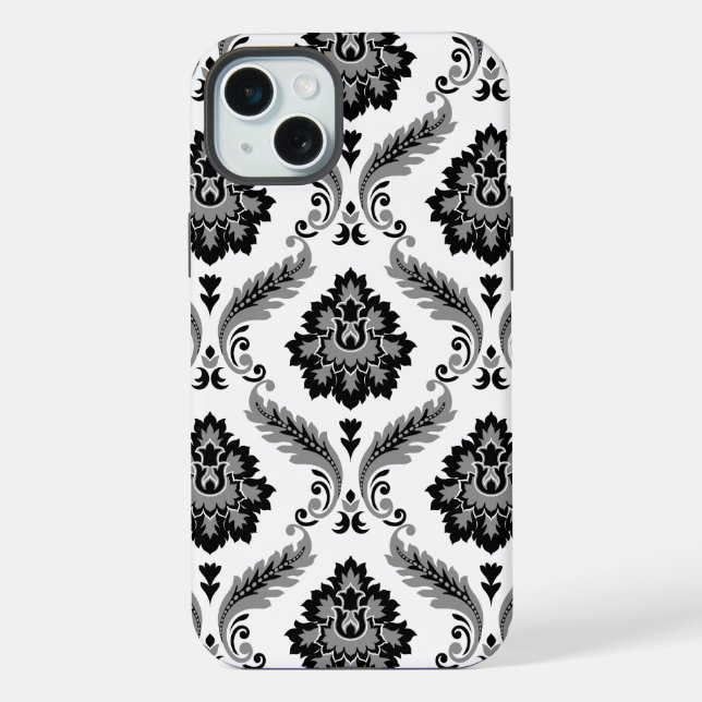 Padrão Rococó Damask Cinza Preto Branco (Verso)