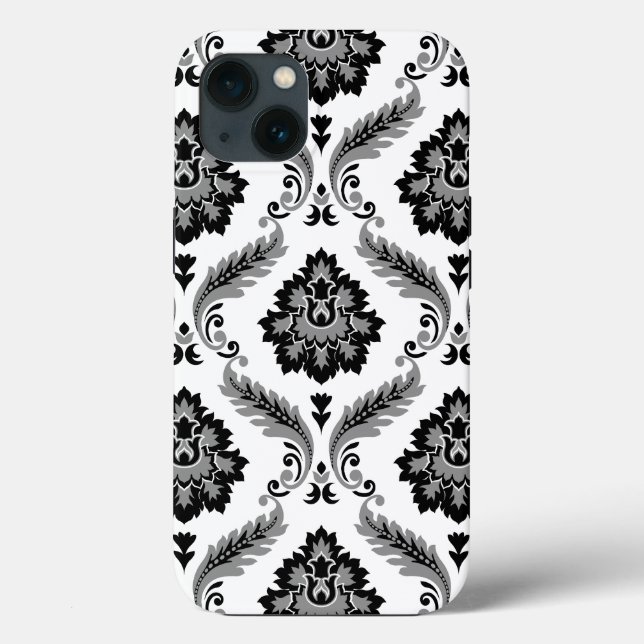 Padrão Rococó Damask Cinza Preto Branco (Verso)