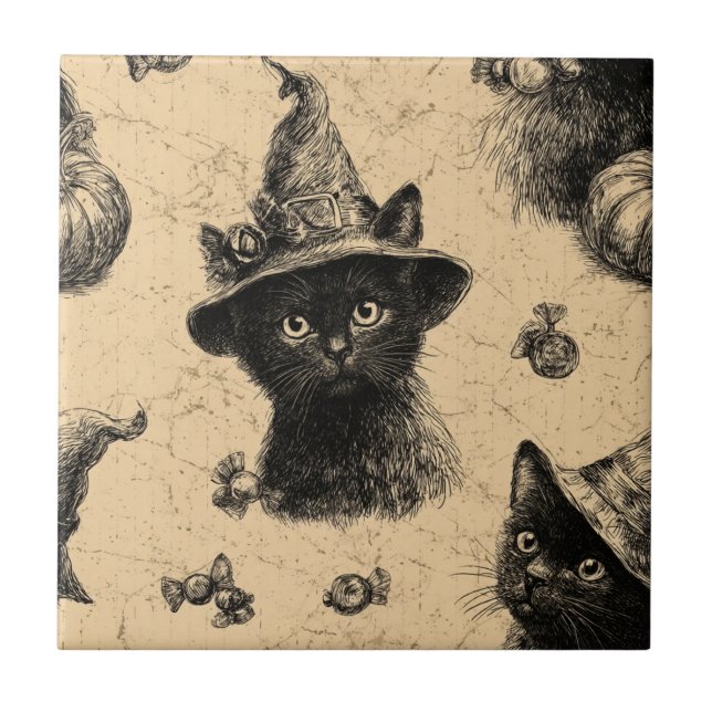 Padrão Rustic Vintage Black Cat Witch Halloween (Frente)