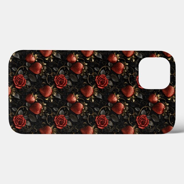 Padrão Sem Costura de Morangos e Rosas Barrocas (Verso (horizontal))