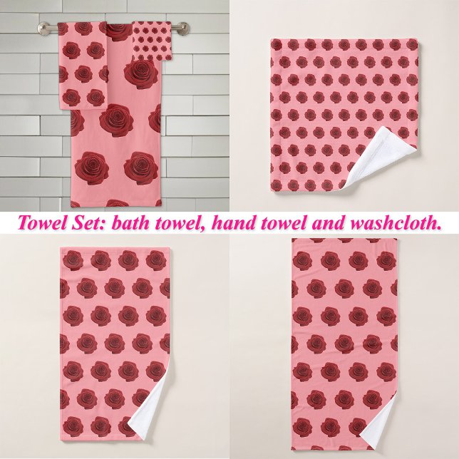 Padrão sem soldadura da rosa vermelha no conjunto  (Red Rose flower seamless pattern on bath towel set: wash cloth, hand towel and bath towel)