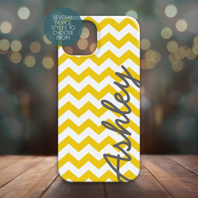 Padrão Trendy Chevron com nome - cinza amarela (Personalized Phone Case with Yellow Chevrons and Large Script Name on the Side)