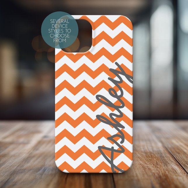 Padrão Trendy Chevron com nome - cinza laranja (Personalized Phone Case with Chevrons and Custom Name)