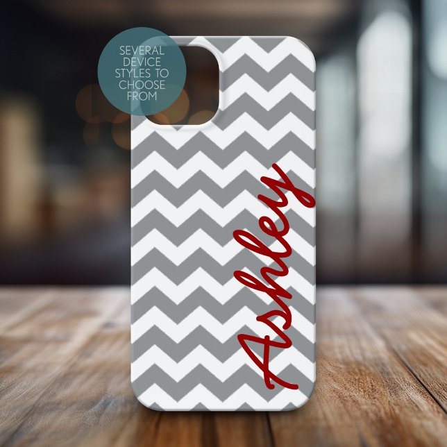 Padrão Trendy Chevron com nome - cinza vermelha (Personalized Phone Case with Chevrons and Custom Name)