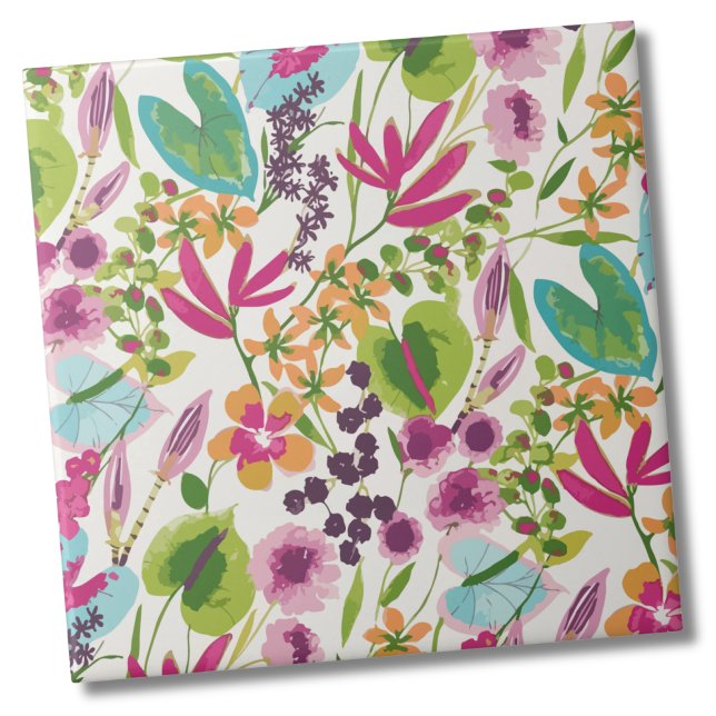 Padrão Tropical Floral Elegante (Pink Blue Green Modern Vintage Floral Tropical Ceramic Tile)