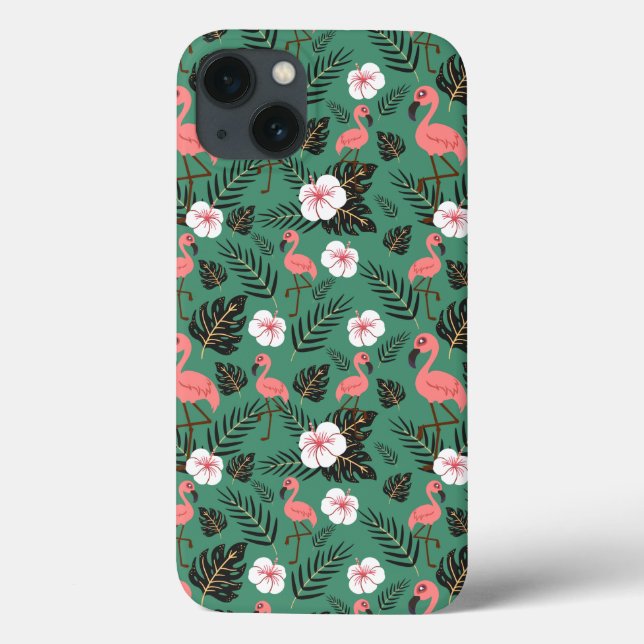 Padrão uniforme Flamingo rosa sobre fundo verde (Verso)