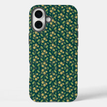 Padrão Verde Vibrante com Flores e Folhas Amarelas