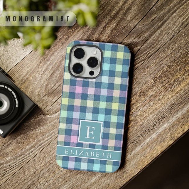 Padrão Verificado Pink Amarelo Azul-Teal Personali (Custom Teal Blue Yellow Pink Checkered Pattern iPhone Case)