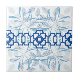 Padrão Zen de Chinoiserie Floral Geométrica Azul