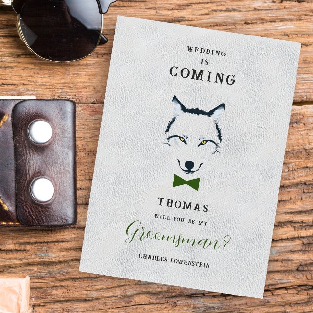 Padrinho de casamento do Lobo de Casamento Cinza S (Grey Shades Groosman Proposal Card with Green Bow Tie Featuring Wedding Wolf Design.)