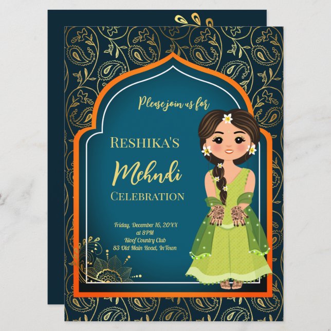 Padrões indianos árabes de Mehndi em verde-teal (Frente/Verso)