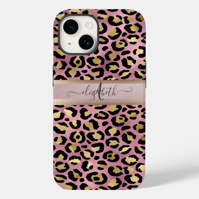 Padrões leopardo Monograma Rosa Dourado Preto (Verso)