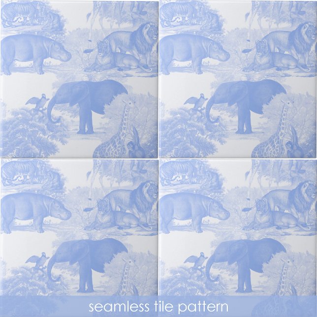 Padrões Sem Costura Safari De Toile Azul (Blue Toile Jungle Animals Safari Seamless Pattern Ceramic Tile)