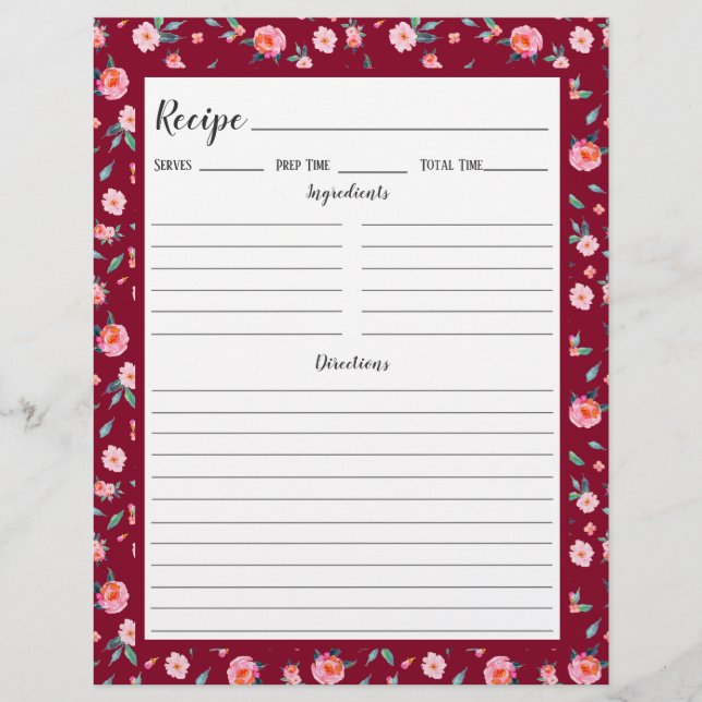 Página Binder de Receita de Padrão Floral Rosa Ros (Frente)