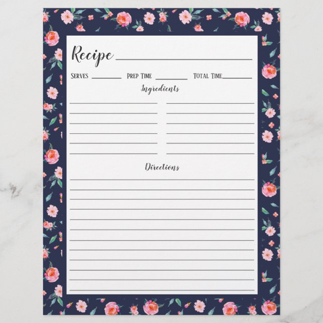 Página Binder de Receita de Padrão Floral Rosa Ros (Frente)