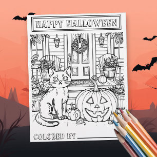 Página de Coloração de Gato e Abóbora do Halloween