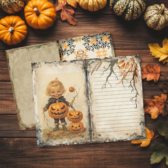 Página Diário do Vintage Cute Kid Halloween Lixo (Vintage Halloween junk journal page with child and pumpkins)