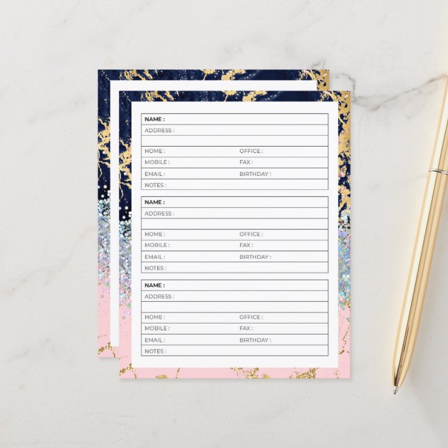 Página do livro de endereços com mármore e brilho (Frente/Verso In Situ)