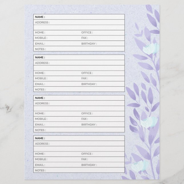 Página do livro de endereços de lavanda de vindima (Verso)