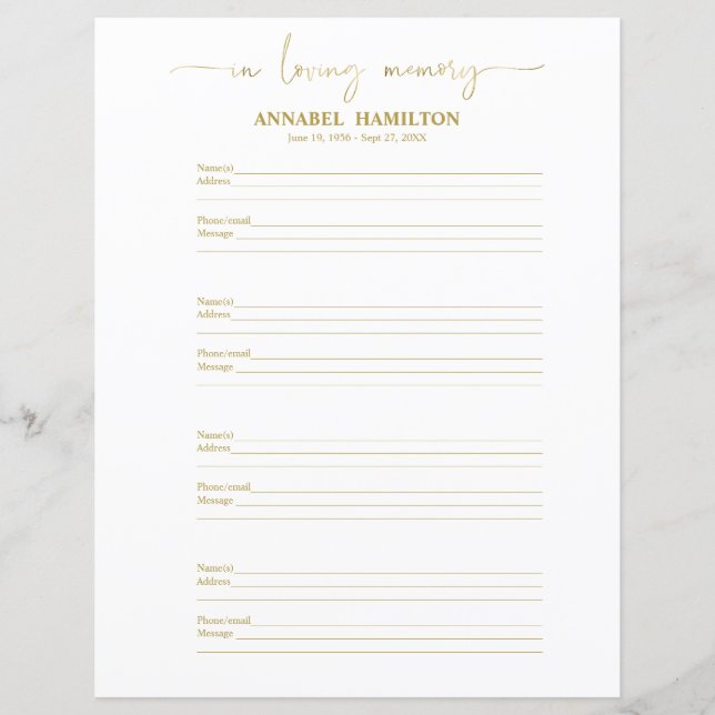 Página Encher O Livro De Convidado Funeral Ou Memo (Frente)