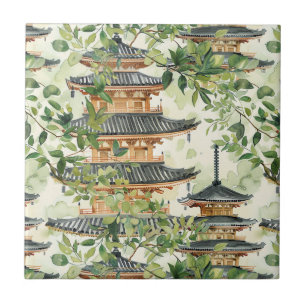 Pagoda Asiática de Aquarela na Paisagem Verdante (