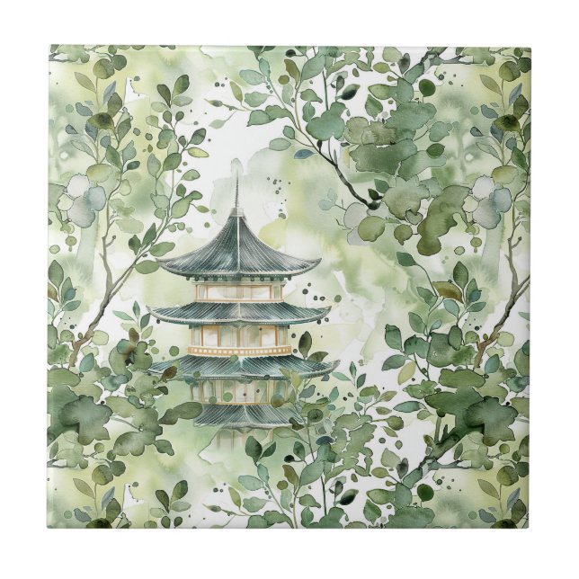 Pagoda Asiática de Aquarela na Paisagem Verdante ( (Frente)
