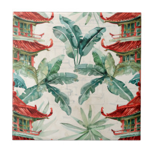 Pagoda Asiática de Aquarela na Paisagem Verdante (