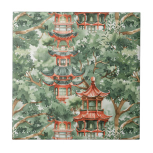 Pagoda Asiática de Aquarela na Paisagem Verdante (