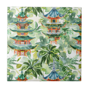 Pagoda Asiática de Aquarela na Paisagem Verdante (