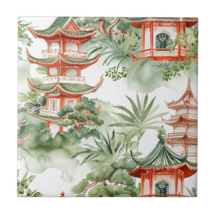 Pagoda Asiática de Aquarela na Paisagem Verdante (