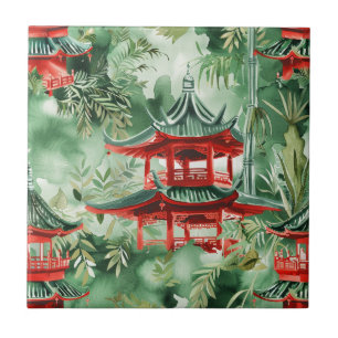 Pagoda Asiática de Aquarela na Paisagem Verdante (